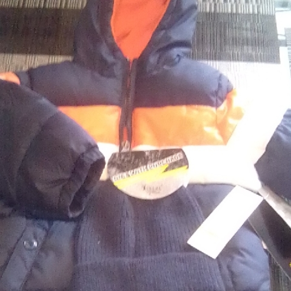 Kids Puffer Jacket - Navy and Orange